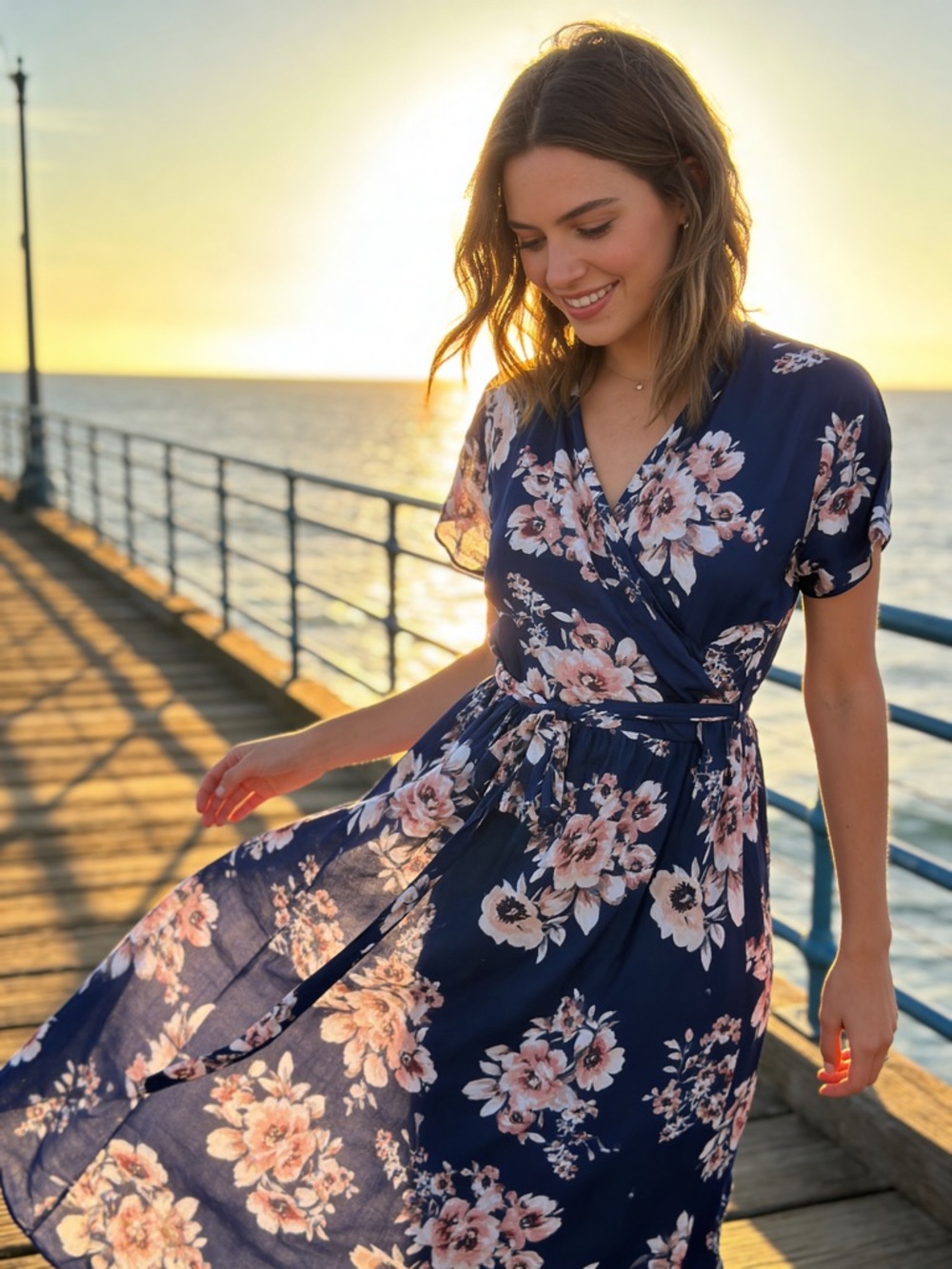 NWT Cellabie Wrap Style Maxi Dress Short Sleeve V-Neck Blue Floral sz S